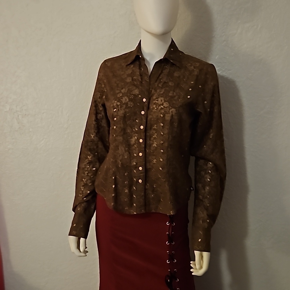 CRUEL GIRL Brownk Sheer Floral Eyelet Long Sleeve Snap Button Western Shirt - Picture 3 of 8